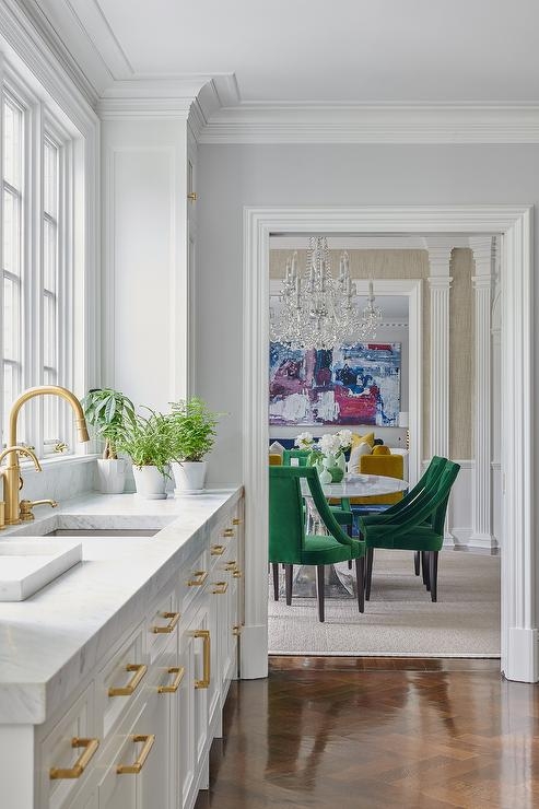 Dining Set Velvet Chairs, Round Marble Top Pedestal Table with Gold-Toned Legs