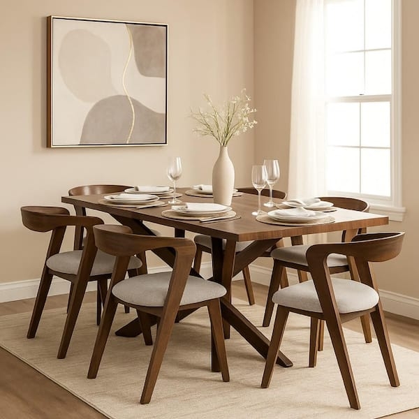 Dining Set Walnut Finish Ivory Upholstered Tapered Legs