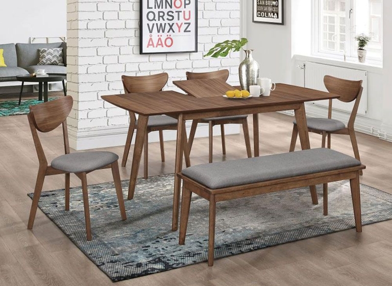 Dining Set Walnut Finish Rectangular Top Mid Century Modern Style