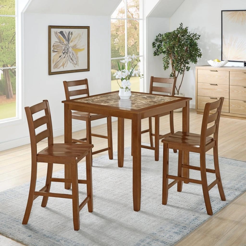 Dining Set Warm Brown Wood Round Pedestal Table Curved Slat