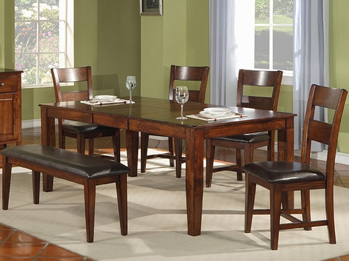 Dining Set Warm Wood Grain & Slatted Back Chairs, Rectangular Silhouette
