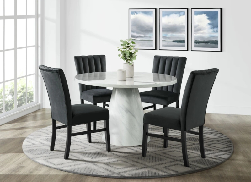 Dining Set White Conical Pedestal Black Ribbed Chairs Marble