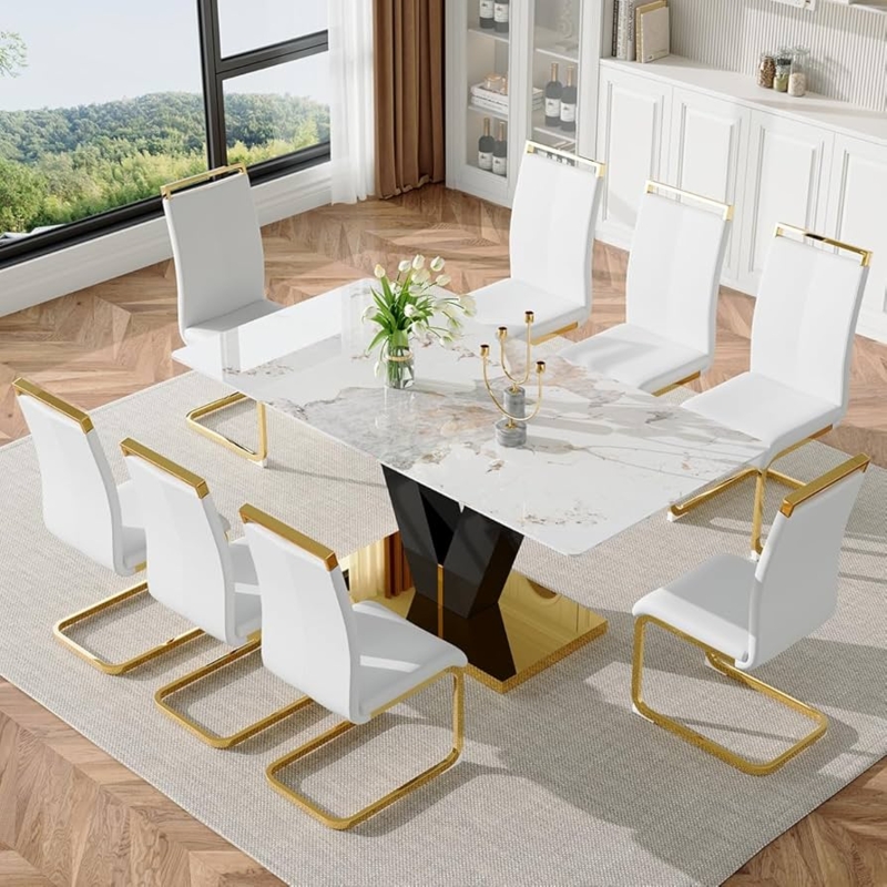 Dining Set White Faux Marble Geometric Gold Pedestal Base Glam
