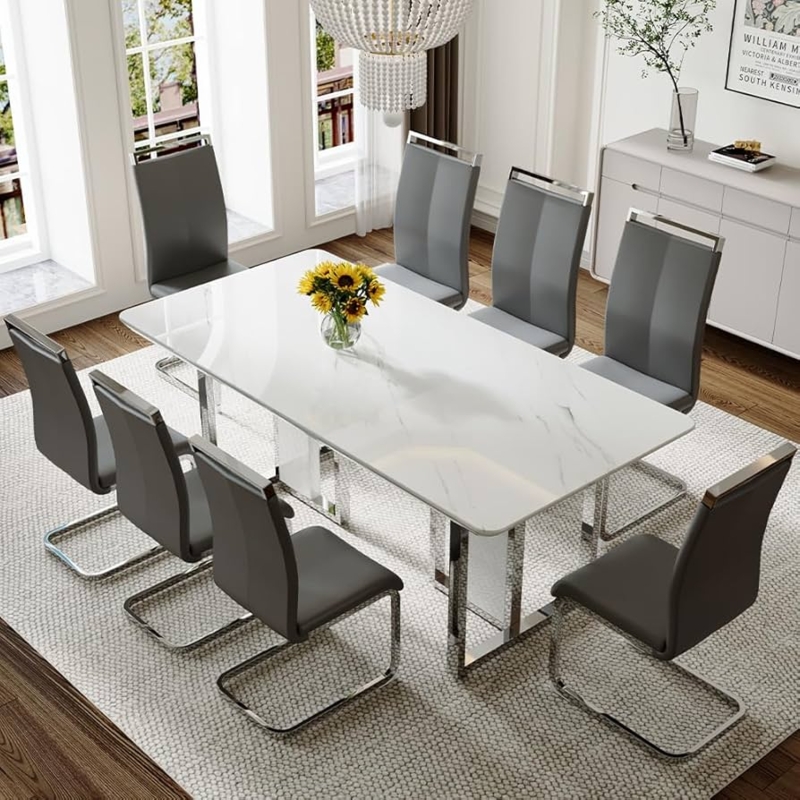 Dining Set White Gloss Faux Marble Top Pedestal Base Glam