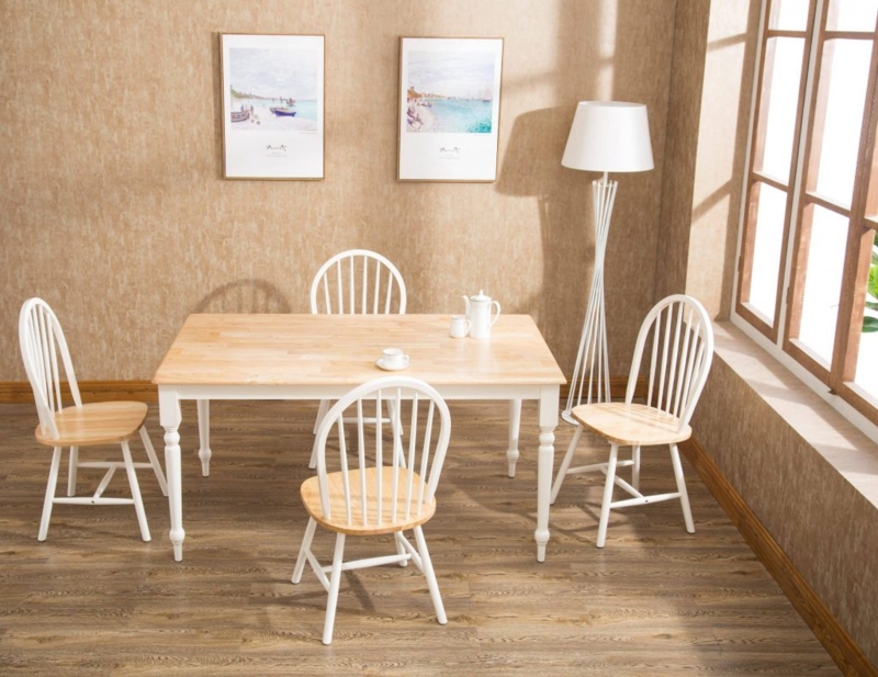 Dining Set, White Pedestal Table, Natural Wood Windsor Chairs, Bright Nook