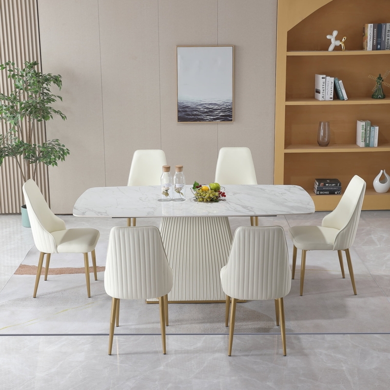 Dining Set: White Sintered Stone Top, Black Legs with Gold Tips.