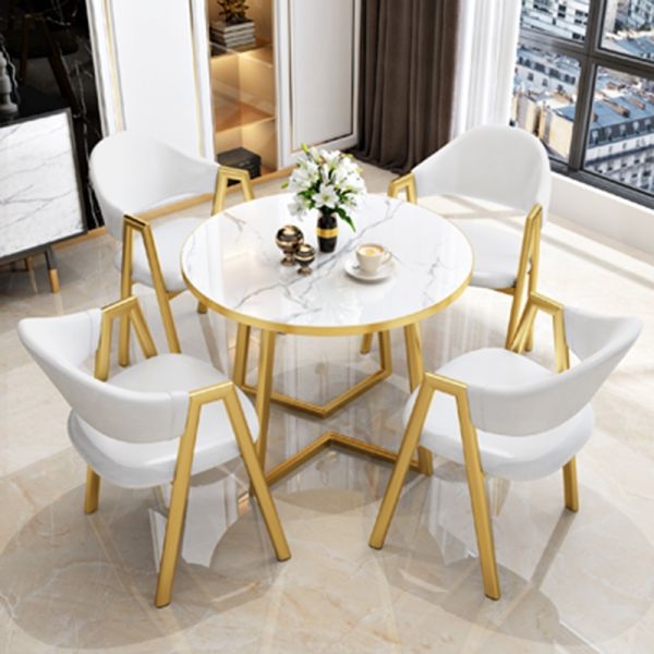 Dining Set White Stone Top Polished Pedestal Base Channeled Chairs