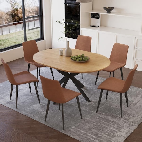 Dining Set with Brown Upholstered Chairs and Gold Tipped Legs