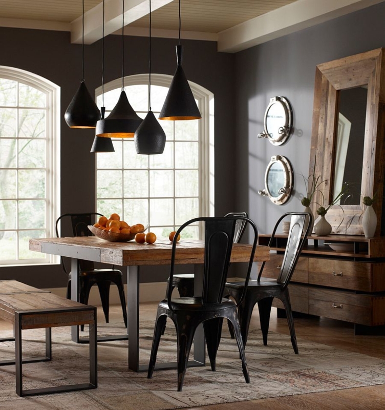 Dining Set with Mixed Seating Styles, Industrial Charcoal Gray Room, Gold Pendants