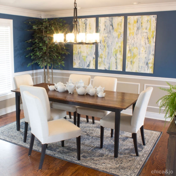 Dining Set with Pedestal Table in Navy Blue Transitional Dining Room