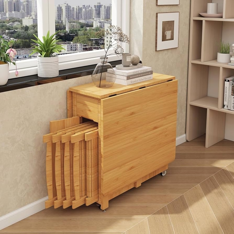 Dining Set with Slat Back Chairs, Space-Saving Drop Leaf Natural Wood