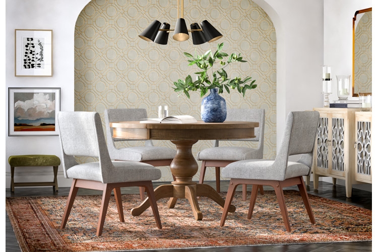 Dining Set Wood Table Wingback Upholstery Distressed Blue Rug