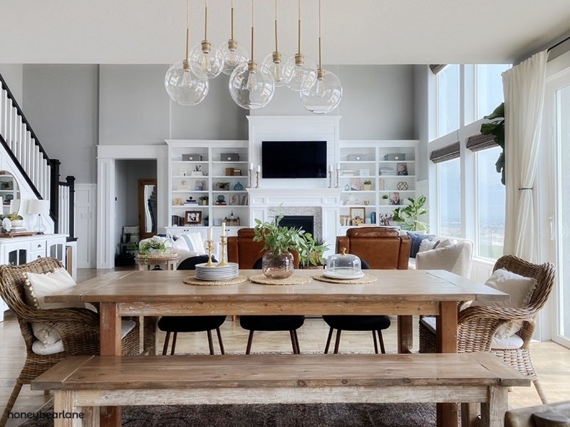 Dining Set: Wood Table with Black Spindle Backs and Beaded Chandelier
