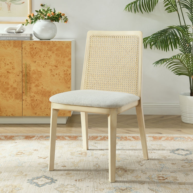 Dining Side Chair Rattan Cane Back Aqua Upholstered Seat Light Wood