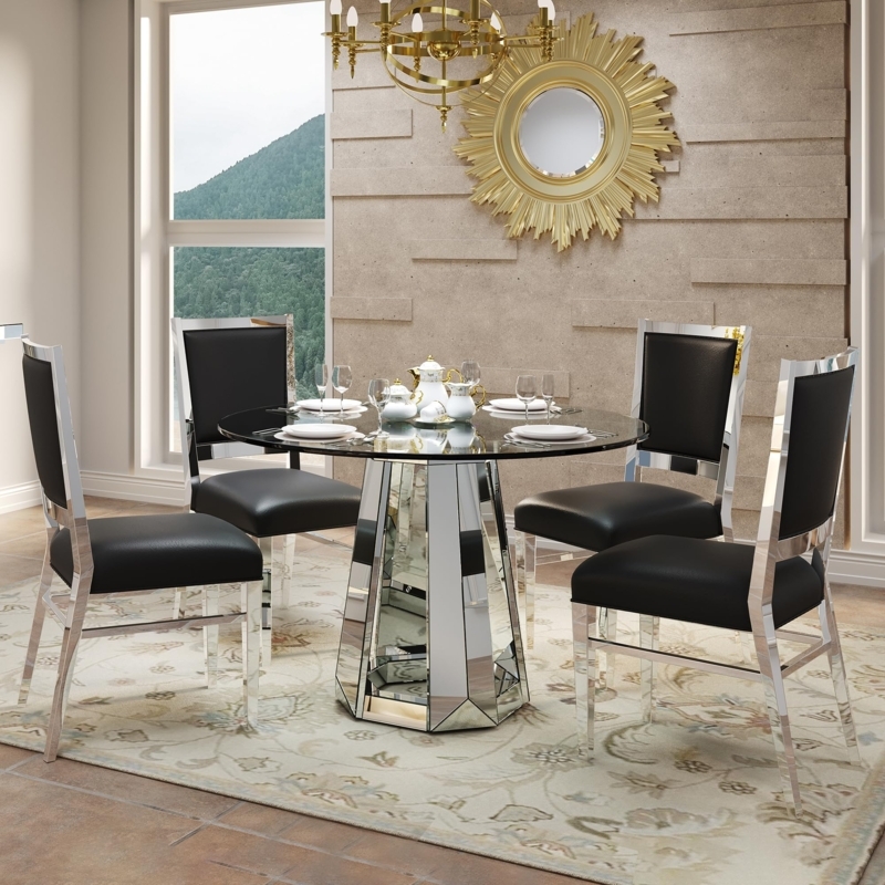 Dining Table 47 Inch Round Glass Top Faceted Mirrored Base