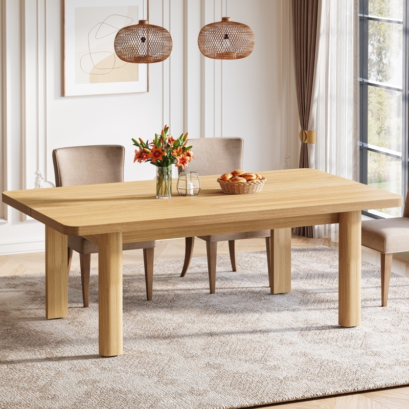 Dining Table 63 Inch Natural Wood Farmhouse Style with Block Legs
