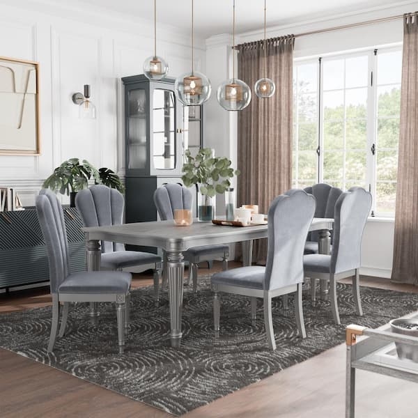 Dining Table 84 Inch Length Mirrored Inlay Silver Finish Transitional