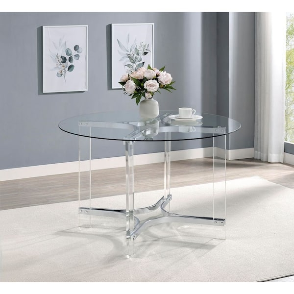 Dining Table Acrylic Trestle Base Round Glass Top Chrome Accents