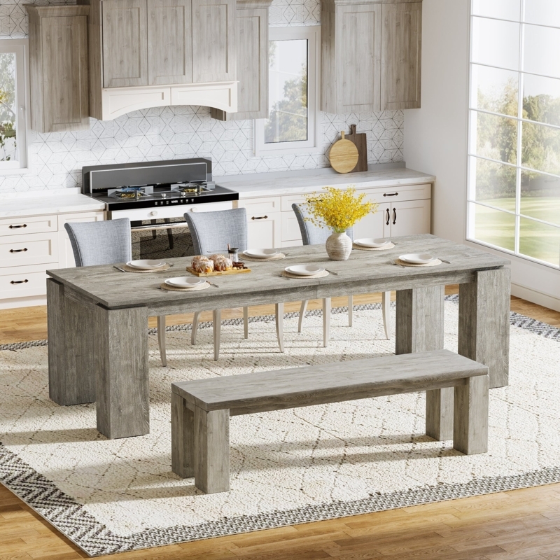 Dining Table Angled Pedestal Gray Stone Look 86 Inch Length