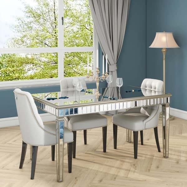 Dining Table Antique Silver Finish Mirrored Insets Rectangular