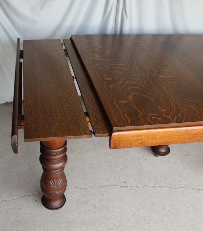 Dining Table Antique Square Honey Oak Five Legs Carved Apron