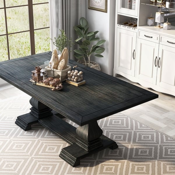 Dining Table Baluster Legs Antique Black Finish Breadboard Ends