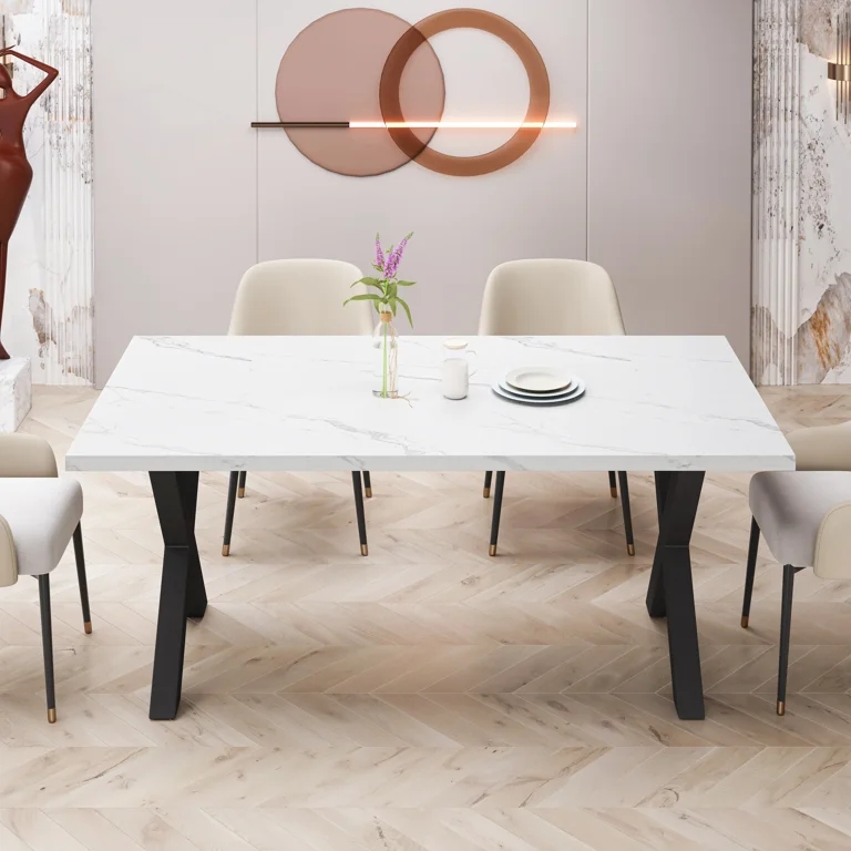 Dining Table Black Metal X-Base, Stone-Like Top with Marbled Veining