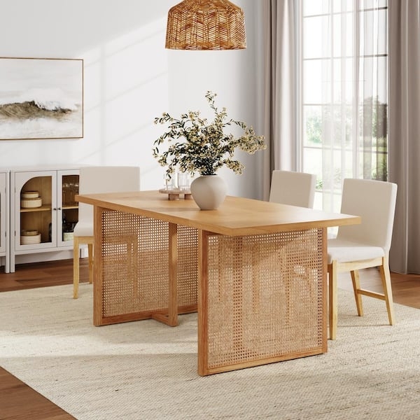 Dining Table Bohemian Modern Rattan Sled Legs Woven Accents (65 chars)