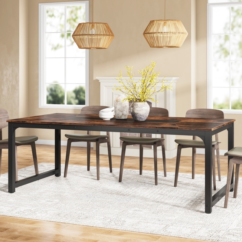 Dining Table Braced Metal Frame Rectangular Rustic Top