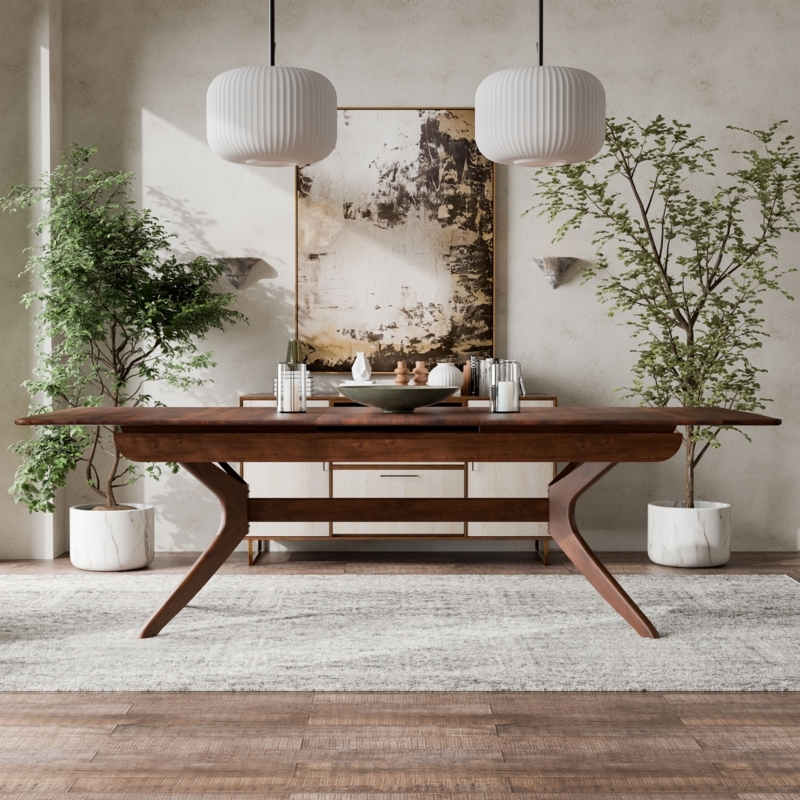 Dining Table Center Seam Extendable Wood Tapered Legs Rectangular