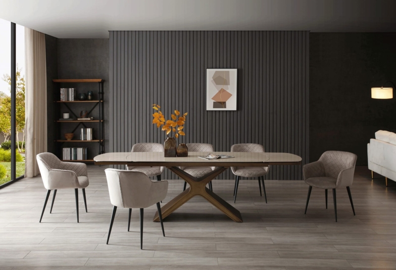 Dining Table Ceramic Top Extendable Leaves Taupe Finish