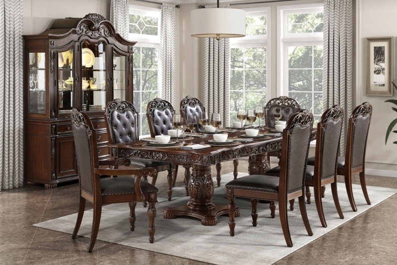 Dining Table Cherry Finish Gold Tipping Double Pedestal Ornate