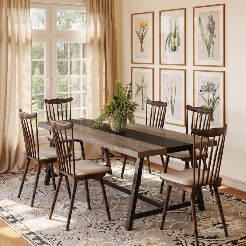 Dining Table Chevron Patterned Wood Black Metal Pedestal