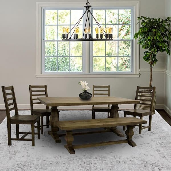 Dining Table Chunky Trestle Base Natural Wood Finish Plank Top