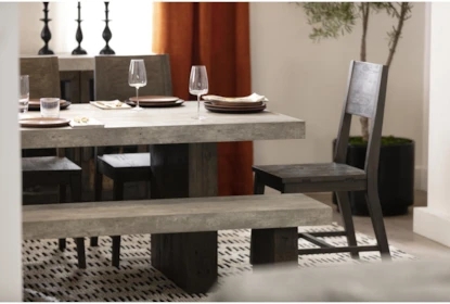 Dining Table Chunky Wood Base Faux Concrete Top Double Pedestal