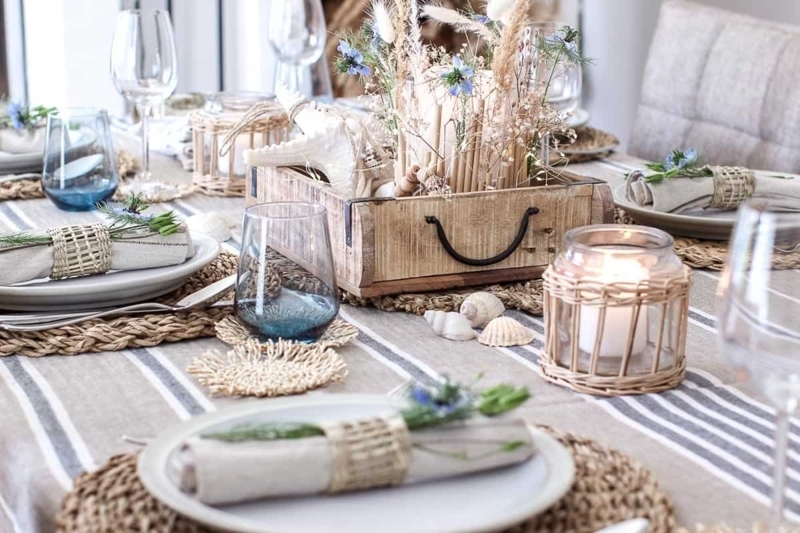 Dining Table Coastal Tablescape Driftwood Centerpiece Woven Pendant