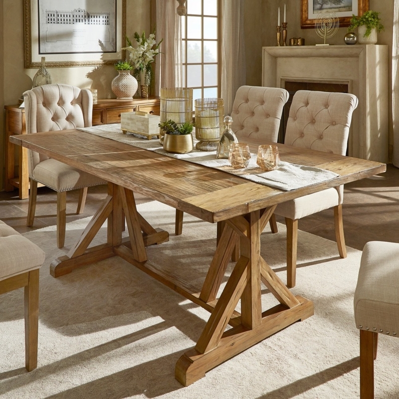 Dining Table Concrete Look Top, Mixed Materials, Industrial Trestle