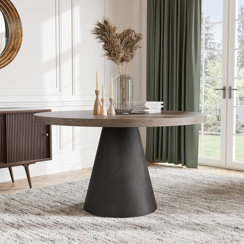 Dining Table Cone Base Two-Tone Design Round Minimalist Wood Furniture