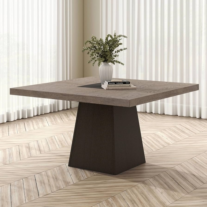 Dining Table Cone Shaped Base Square Top Two-Tone Sculptural Wood Base