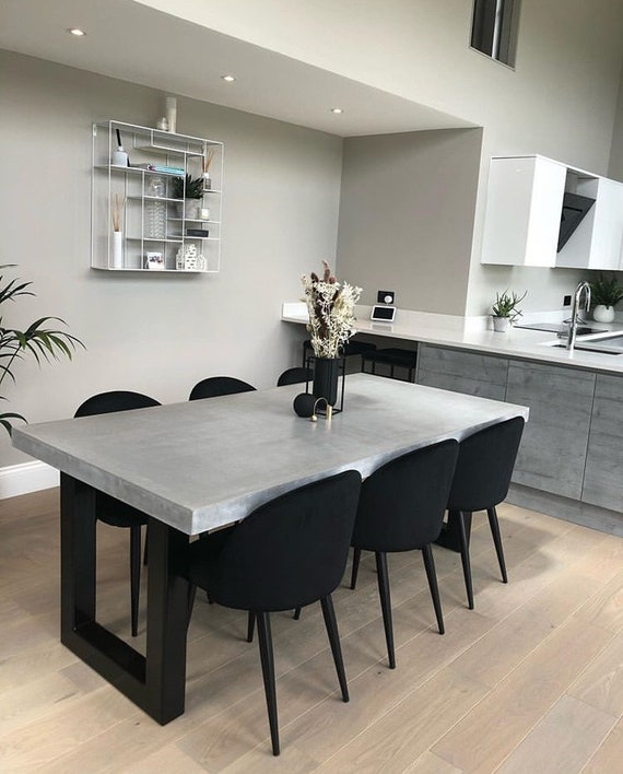 Dining Table Contemporary Concrete Top Polished Finish Dark Trestle