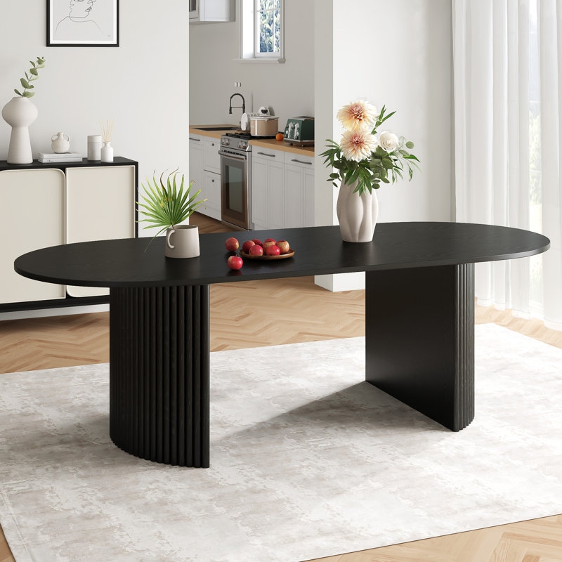 Dining Table Contemporary Oval Walnut Wood Ribbed Double Pedestal