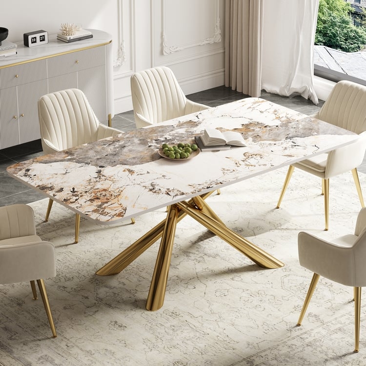 Dining Table Contemporary White Stone Top Gold Trestle Base