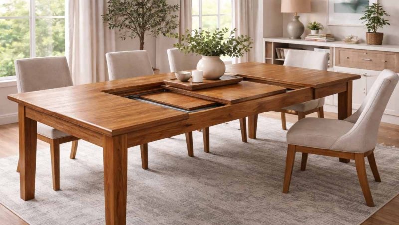 Dining Table Craftsman Style Self Storing Leaf Natural Grain Wood
