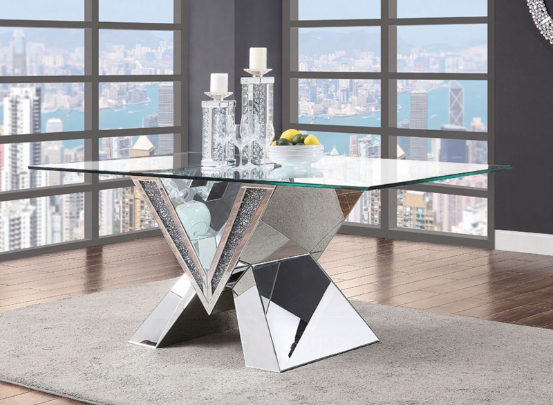 Dining Table Crushed Crystal Inlay Mirrored Pedestal Glass Top