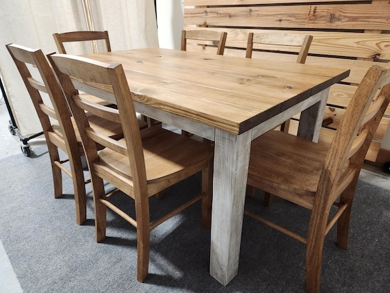Dining Table Distressed Trestle Base X-Frame Legs Two-Tone Design