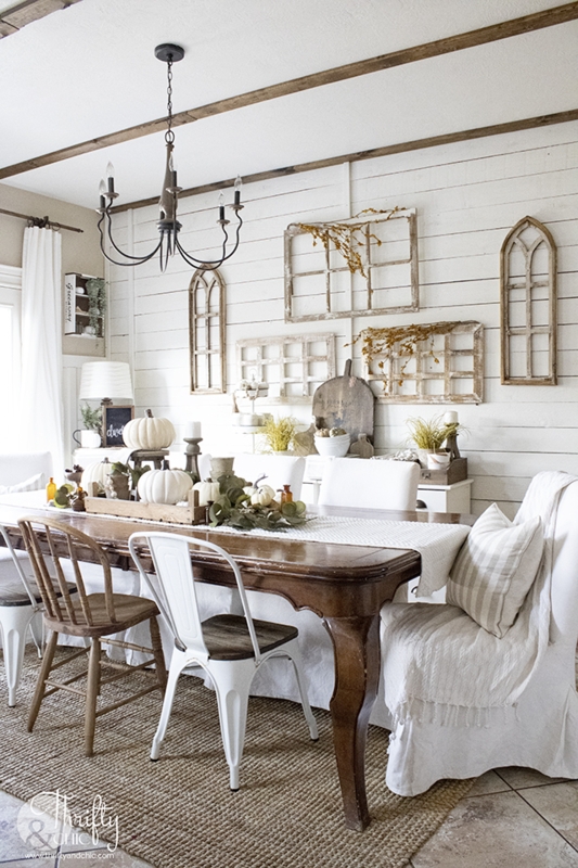 Dining Table Distressed White Paint X-Back Chairs Cottage Style