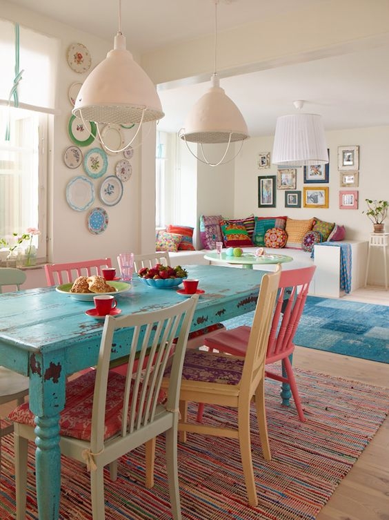 Dining Table Eclectic Cottage Mismatched Chairs Distressed Wood