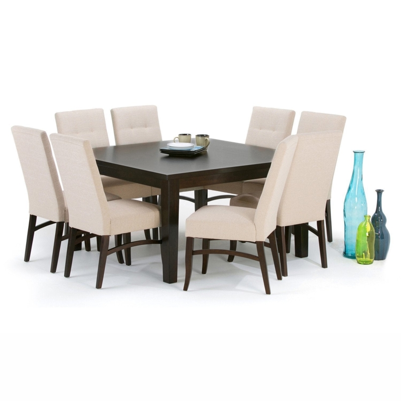 Dining Table Espresso Wood Square Top Tapered Legs Grey Upholstered Chair