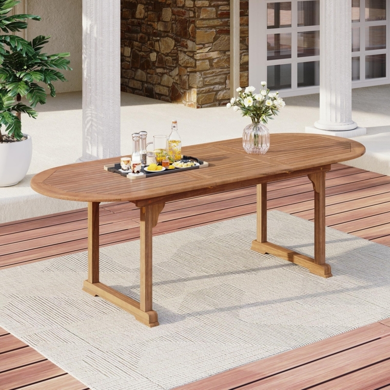 Dining Table Expandable Leaf Wood Toned Slatted Top Rustic Patio