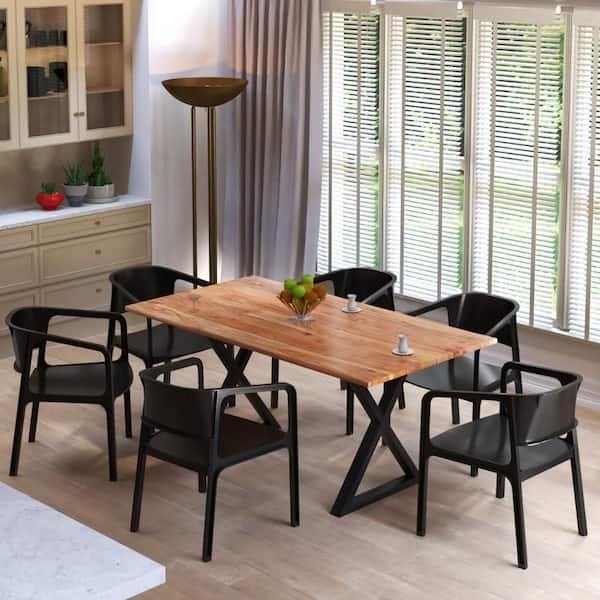Dining Table, Faux Live Edge Wood Top with Black Metal X-Legs, Industrial Style